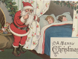Kerstkaarten | Victoriaanse stijl  blanco kerstkaart of cadeau label 'A Merry Christmas' | Kerstman bij slapende kinderen