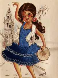Souvenir kaarten Bigeyed | Spanje | Andaluza | Flamenco danseresje met tamboerijn en blauwe geborduurde jurk - getekend Isabel