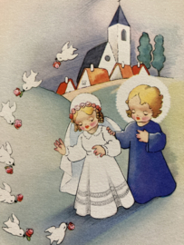 België | Kaarten | Communiekaart | Colorprint Special nr. 1601 | meisje met engeltje en vogeltjes met roosjes