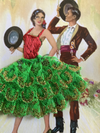 Spanje | Kaarten | GROEN -GOUD | Geborduurde getekende kaart flamenco dansers met kanten rokje