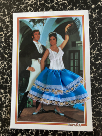 Geborduurde souvenir kaarten | Spanje | Blauw | Flamenco dansers met blauw stoffen rokje