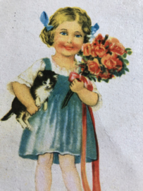Ansichtkaart | Nederland  | Meisjes | Hartelijk gefeliciteerd - 1951 - Meisje met bloemen en  poesje