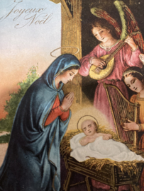 Kerstkaarten | Religie | Joyeux Noël - Maria in stal met kindje Jezus en engelen