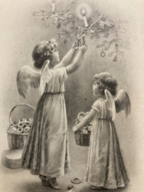 Kerstkaarten | Engelen | Buon Natale! Twee engeltjes met kaarsjes en mandjes (zwart-wit)