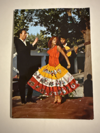 Geborduurde souvenir kaarten | Spanje | Geel | Geborduurde kaart flamenco dansers met geel, wit, rood en glitter rokje