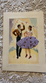 Geborduurde souvenir kaarten | Spanje | Lila | Prachtig zeldzaam getekende kaart met flamenco dansers  - 1968