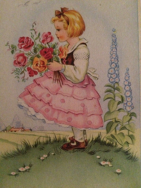 Ansichtkaart | België | Meisjes | 1920 - Lieflijk meisje met bloemen en roze rokje