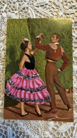Geborduurde souvenir kaarten | Spanje | Roze | Flamenco dansers - stoffen rokje met glitters en zwart lijfje