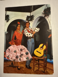 Geborduurde souvenir kaarten | Spanje | Roze | Flamenco dansers - stoffen rokje met glitters