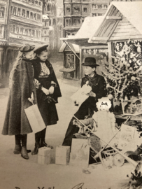 Kerstkaarten | Kinderen | Bon Noël - Jonge meisjes en man bij kerstboom in stad  (zwart-wit)