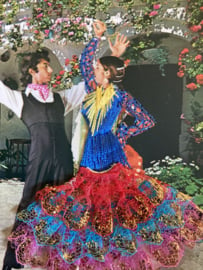 VERKOCHT | Spanje | Kaarten | ROOD-BLAUW_LILA | Geborduurde kaart flamenco dansers  (stoffen rokje )