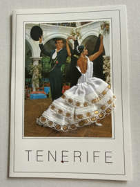 Geborduurde souvenir kaarten | Spanje | Wit | Tenerife Flamenco dansers - stoffen rokje met glitters en kant - dubbele kaart