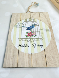 Lente | Houten decoratie bordje "Happy Spring" - donkerblauw (10 x 15 cm)