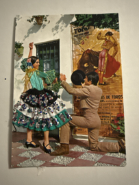 Geborduurde souvenir kaarten | Spanje | Zwart | Flamenco dansers - stoffen rokje met glitters