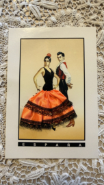 Geborduurde souvenir kaarten | Spanje | Oranje-Rood | ESPANA - Stoffen rokje met zwart kant - paartje flamenco dansers