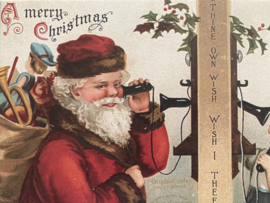 Kerstkaarten | Kerstmannen | Nieuwe blanco kerstkaart of cadeau label 'A Merry Christmas' | Kerstman aan de telefoon met meisje