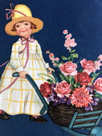 Ansichtkaart | Nederland | Meisjes | Meisje met kruiwagen vol rozen en bloemen ' Hartelijk Gefeliciteerd'  - postzegel 1 1/2 cent