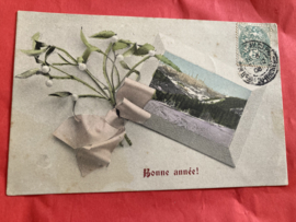 Kerstkaarten | Winterlandschappen | Bonne Année - roze strik en bergen uit 1912