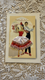 Geborduurde souvenir kaarten | Spanje | Rood | Stoffen rokje met zwart kant - paartje flamenco dansers