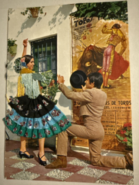Geborduurde souvenir kaarten | Spanje | Groen | Flamenco dansers - stoffen rokje met glitters