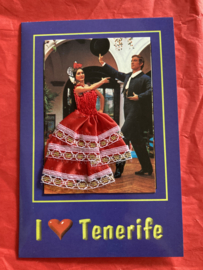 Geborduurde souvenir kaarten | Spanje | Rood | Tenerife - Dubbele kaart I ❤️ Tenerife - met wit kant Spaanse stoffen rokje kaart flamenco danseres