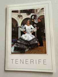 Geborduurde souvenir kaarten | Spanje | Wit | Tenerife Flamenco dansers - stoffen rokje met glitters en kant - dubbele kaart