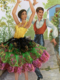 VERKOCHT | Kaarten | ZWART-GOUD-GROEN-ROZE | Geborduurde getekende kaart flamenco dansers