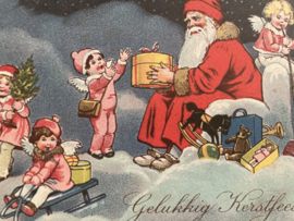 Kerstkaarten | Kerstmannen | Victoriaanse  stijl  blanco kerstkaart of cadeau label 'Gelukkig Kerstfeest' | Kerstman deelt pakjes uit aan kleine kinderen