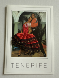 Geborduurde souvenir kaarten | Spanje | Rood | Tenerife Flamenco dansers - stoffen rokje met glitters en kant - dubbele kaart