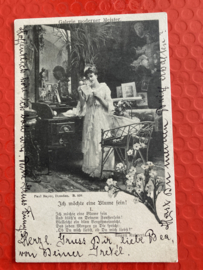 Ansichtkaart | Brocante kaart Vrouw en liefdesbrief bij kaptafel en bloemen (Ich möchte ein Blume Fein (1902)