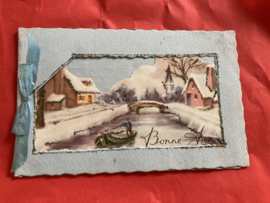 Kerstkaarten | Winterlandschappen | Bonne Année - rivier met bootje en kerkje