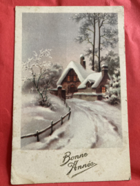 Kerstkaarten | Winterlandschappen | Bonne Année - weggetje met huis in de sneeuw