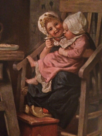 Briefkaarten | Zeeland | Kinderen | 1924 - Geïllustreerde ansichtkaart kindje 'krijgt pap van grote zus' in streekdracht
