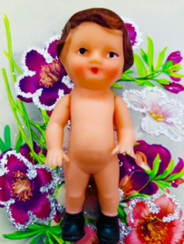 Duitsland | Miniatuurpopjes | vintage gummi - celluloid - ARI popje met bruine haartjes - jaren '50
