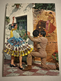 Geborduurde souvenir kaarten | Spanje | Blauw | Flamenco dansers - stoffen rokje met glitters