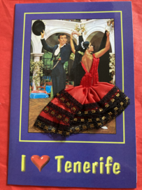 Geborduurde souvenir kaarten | Spanje | Rood | Tenerife - Dubbele kaart I ❤️ Tenerife - Spaanse stoffen rokje kaart flamenco dansers