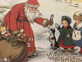 Kerstkaarten | Kerstmannen | Nieuwe blanco kerstkaart of cadeau label 'A Merry Christmas' | Kerstman geeft cadeaus aan jongen en meisje