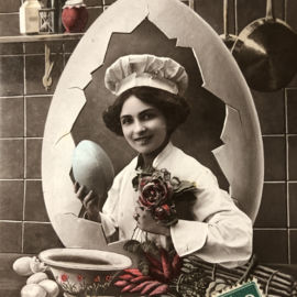 Briefkaarten | Pasen | 'Joyeuses  Paques' 341 Paris: jonge vrouw met koksmuts, eieren in keuken (1900-1910)