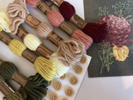 Borduurwol | Pakketten | Dahlia, brocante decoratieset met Arkilite knopenkaart en vintage wenskaart en 7 strengen borduurwol