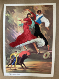 Spanje | Kaarten | ROOD | SOBERANAS | Tarjeta Postal Zambra - Vintage geborduurde jaren '50 ansichtkaart Spaanse flamenco danseres en stierenvechter  GIRALT LEVIN