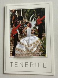 Geborduurde souvenir kaarten | Spanje | Wit | Tenerife Flamenco dansers - stoffen rokje met glitters en kant - dubbele kaart