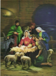 Kerstkaarten | Religie | Maria, Jozef en kindje Jezus in stal met krib en lammetjes - '60s 3-D kaart