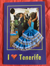 Spanje | Kaarten | BLAUW-GOUD - TENERIFE - I love - dubbele kaart Spaanse stoffen rokje kaart flamenco danseres