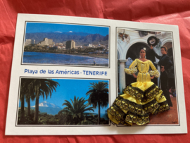 Spanje | Kaarten | GEEL-GOUD - TENERIFE - Playa de las Americana’s Spaanse stoffen rokje kaart flamenco danseres