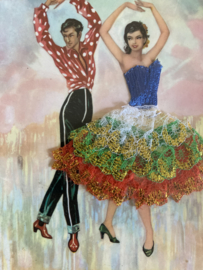 Spanje | Kaarten | ROOD-GOUD-BLAUW-WIT | 137/4 A.J. Raofa Geborduurde getekende kaart flamenco dansers kanten rokje