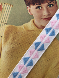 Sierband | Wit | 02 cm - Vintage band met roze en lichtblauwe ruitjes - 100% katoen