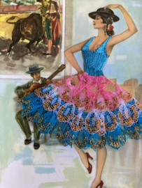 VERKOCHT | Kaarten | ROZE-BLAUW | 12-F Geborduurde kaart getekende flamenco dansers