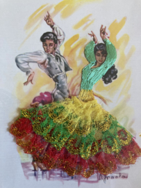 VERKOCHT | Spanje | Kaarten | GEEL-GROEN_ROOD | 137/3 A.J. Raofa Geborduurde getekende kaart flamenco dansers kanten rokje