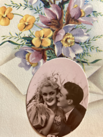 Ansichtkaart | Felicitatie kaart huwelijk met bloemen en foto