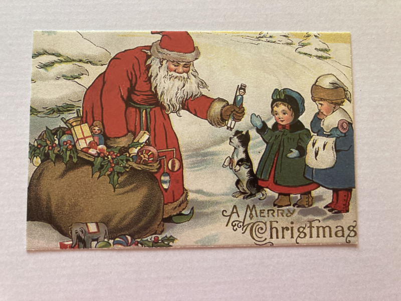Kerstkaarten | Kerstmannen | Nieuwe blanco kerstkaart of cadeau label 'A Merry Christmas' | Kerstman geeft cadeaus aan jongen en meisje